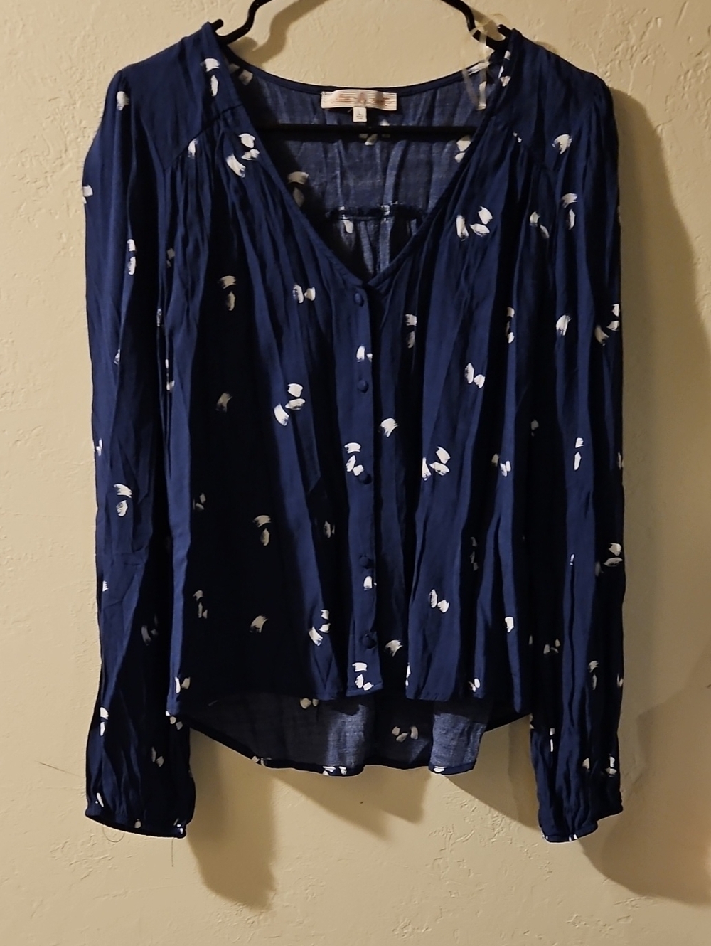 Willow Navy Button-Front Blouse with White Petal Print